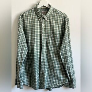 J Crew Slim Fit Cotton Linen Twill Button Down Blue Green Plaid Mens Sz L preppy